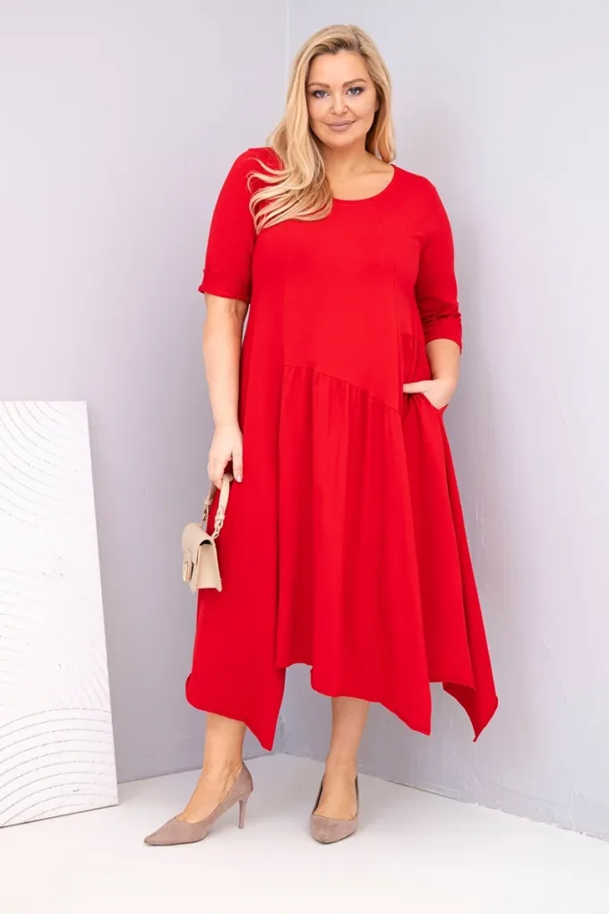 Sukienka damska bawełniana Plus Size z asymetrycznym dołem czerwona