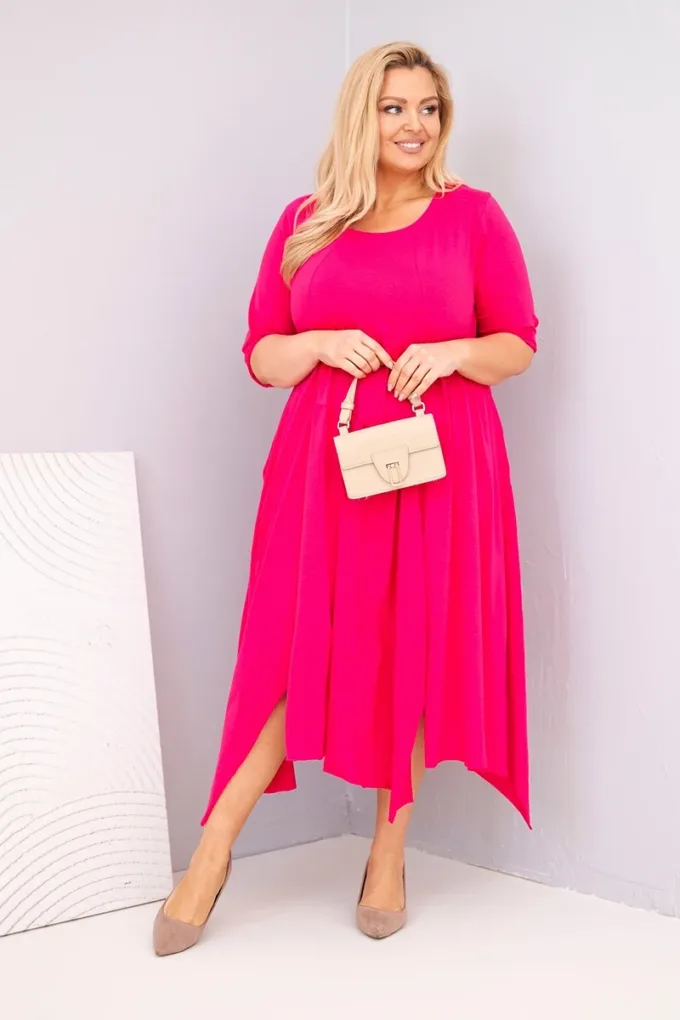 Sukienka damska bawełniana Plus Size z asymetrycznym dołem fuksja