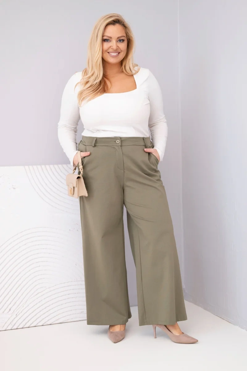 Spodnie damskie Plus Size z szeroką nogawką i wysokim stanem khaki - obrazek 2