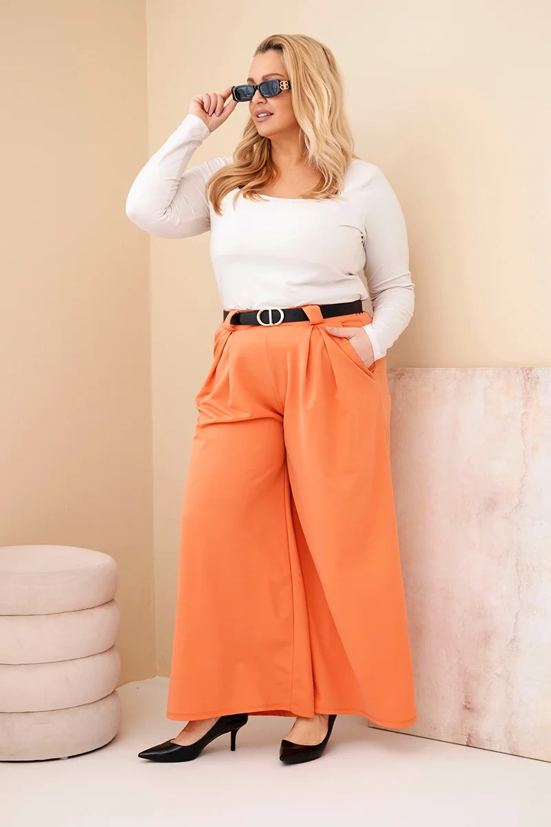 Spodnie damskie Plus Size wiskozowe z szeroką nogawką i paskiem morelowe - obrazek 2