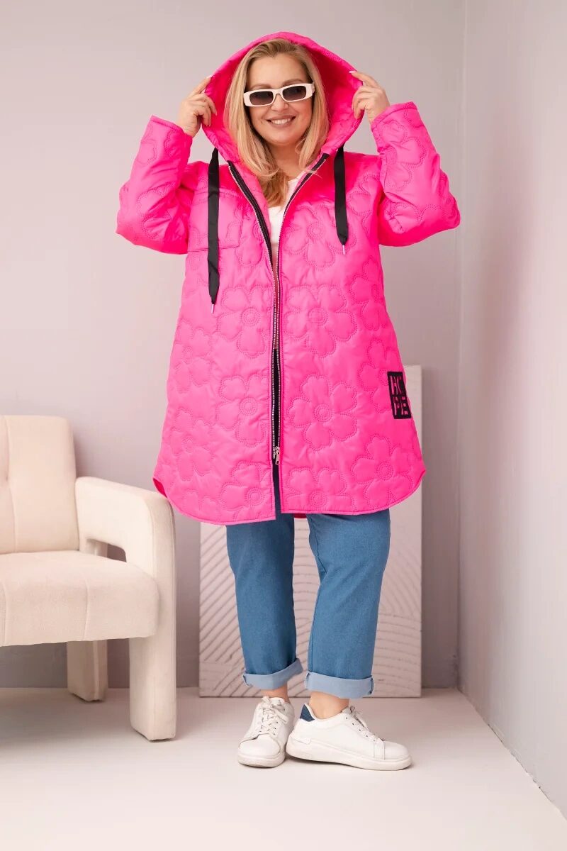 Kurtka damska Plus Size pikowana z kapturem i napisem HOPE różowy neon - obrazek 2