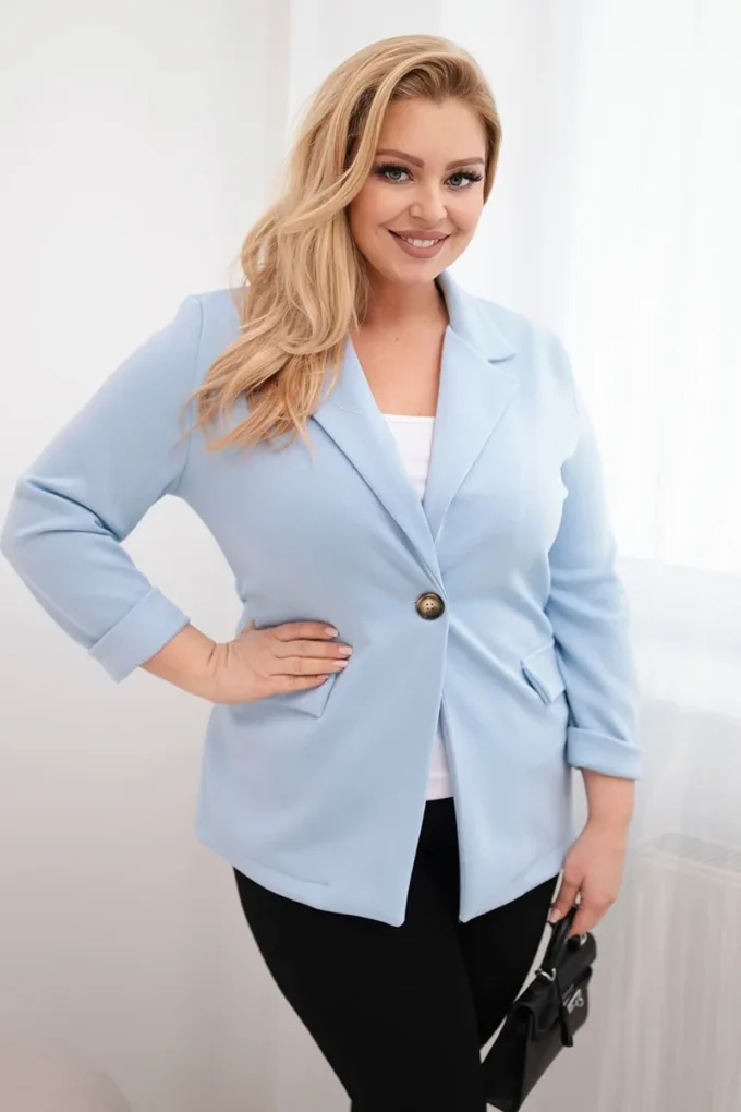 Marynarka damska z wiskozy Plus Size z długim rękawem i kołnierzem niebieska