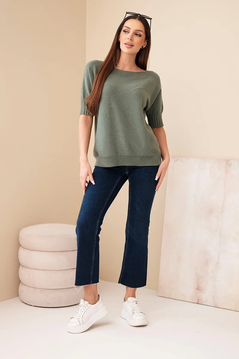 Sweter damski z wiskozy z krótkim rękawem khaki - obrazek 3