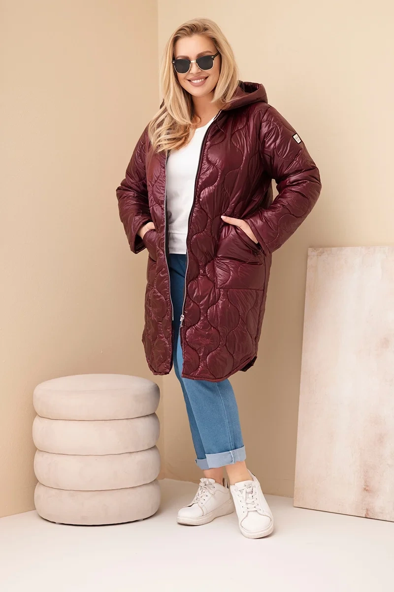 Kurtka damska Plus Size zimowa pikowana z kapturem śliwkowa - obrazek 2