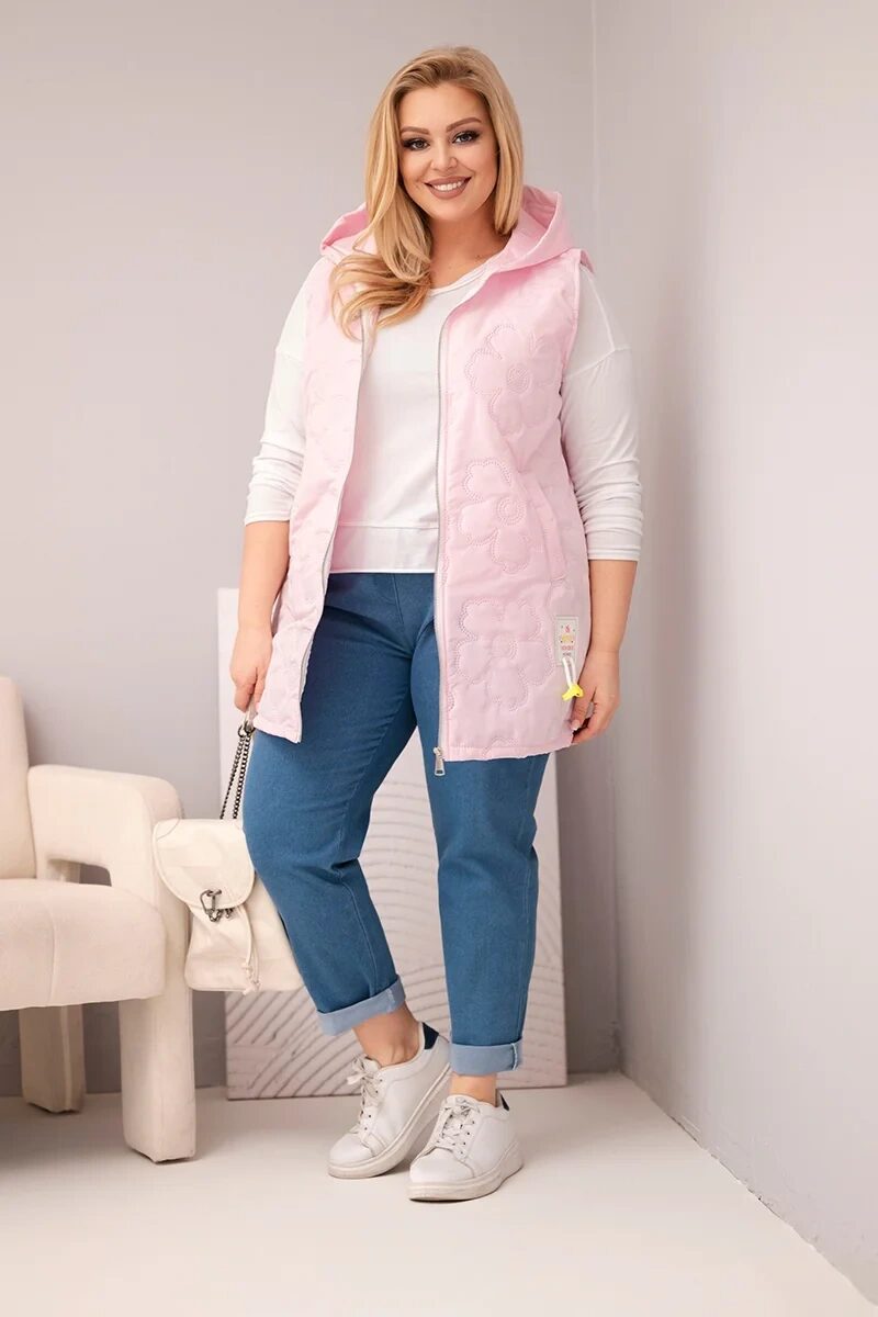 Kamizelka damska Plus Size z kapturem i pikowaniem w kwiaty cukierkowy róż - obrazek 3