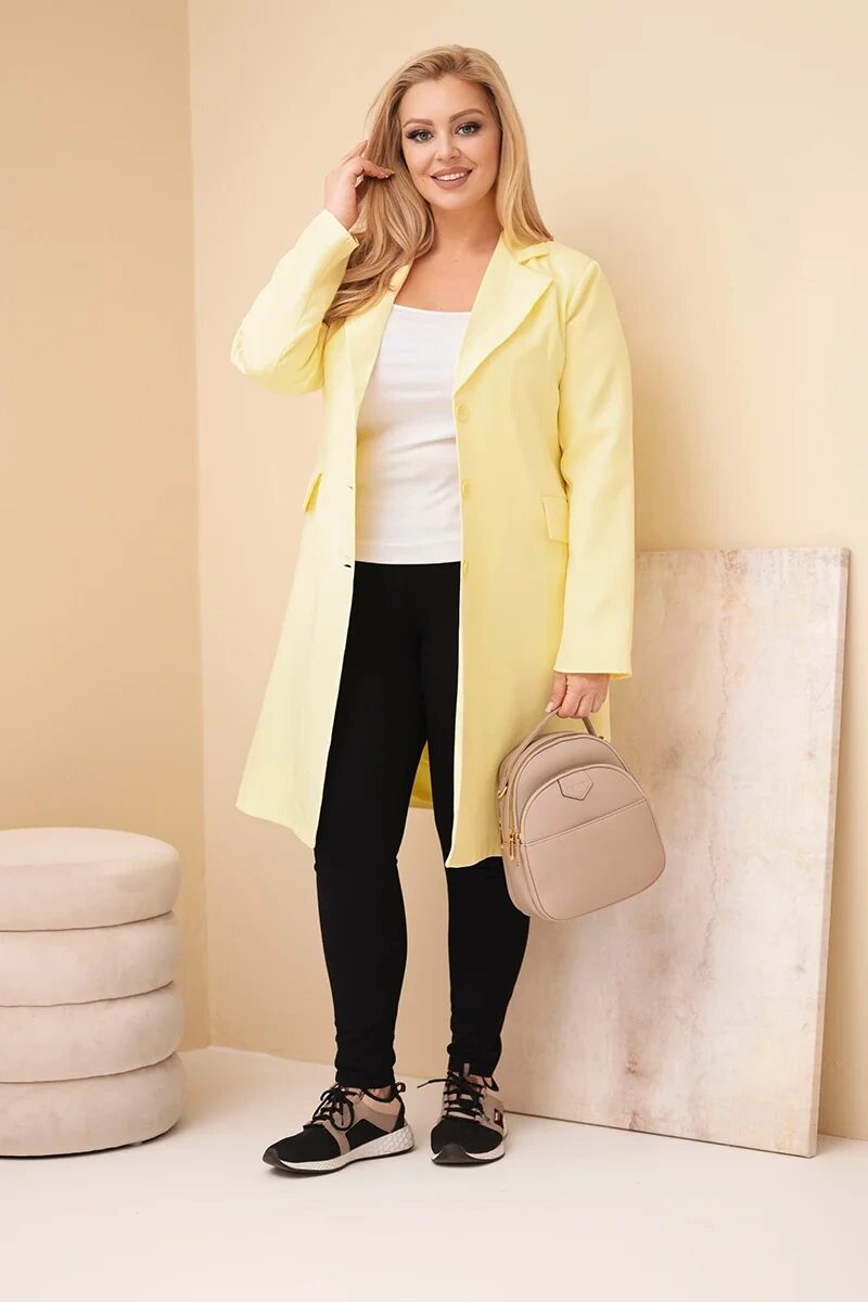Płaszcz damski Plus Size długi z kołnierzem i kieszeniami żółty - obrazek 2