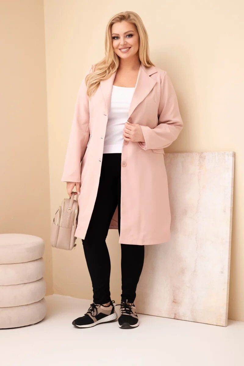 Płaszcz damski Plus Size długi z kołnierzem i kieszeniami ciemny pudrowy róż - obrazek 2