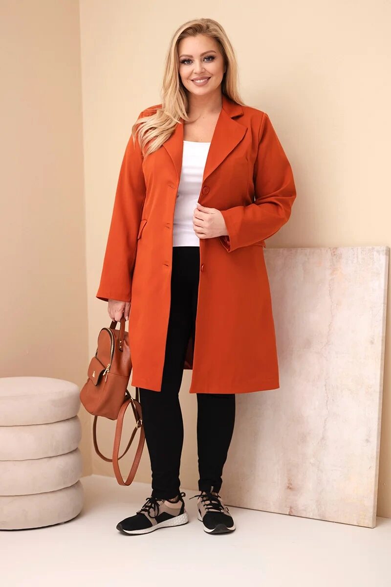 Płaszcz damski Plus Size długi z kołnierzem i kieszeniami rudy - obrazek 2