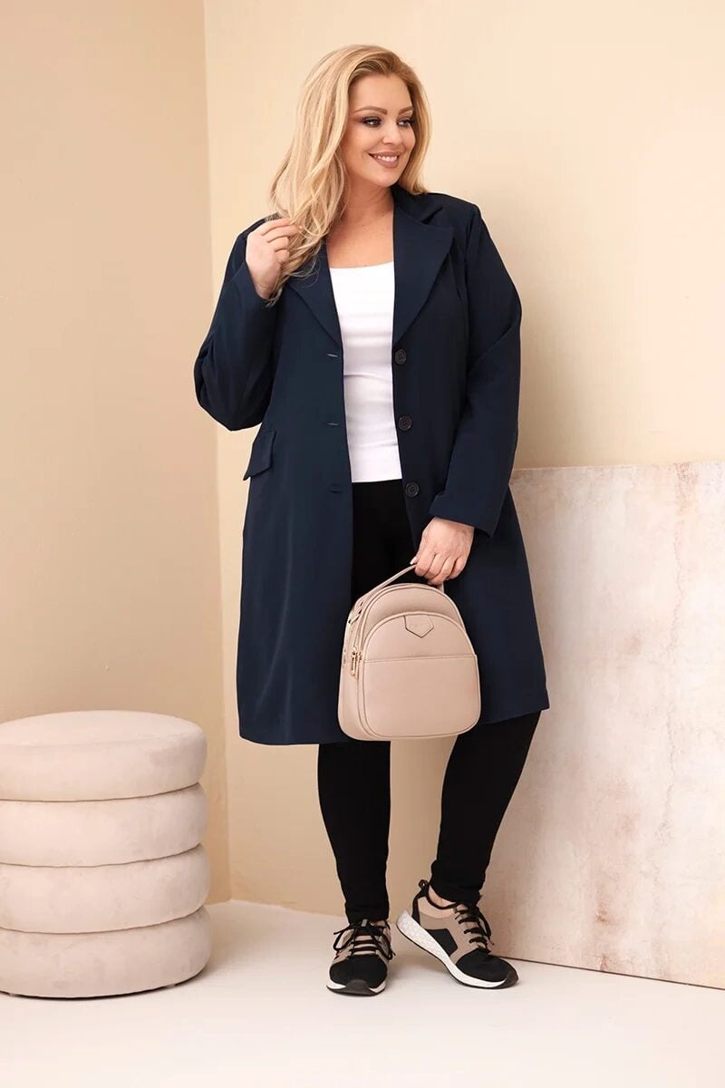 Płaszcz damski Plus Size długi z kołnierzem i kieszeniami granatowy - obrazek 2