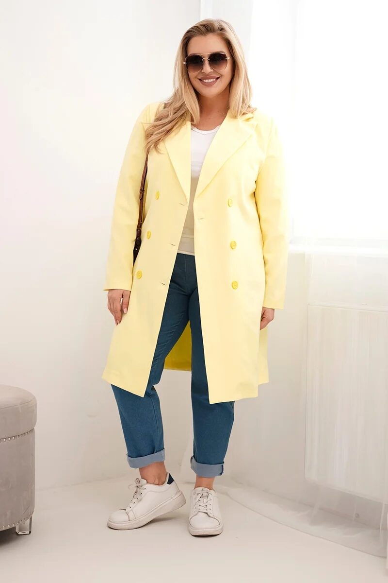 Płaszcz damski Plus Size dwurzędowy z kołnierzem żółty - obrazek 2