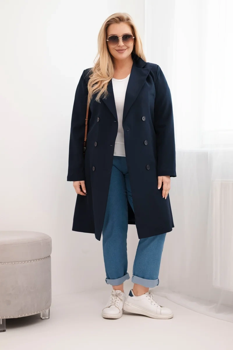 Płaszcz damski Plus Size dwurzędowy z kołnierzem granatowy - obrazek 2