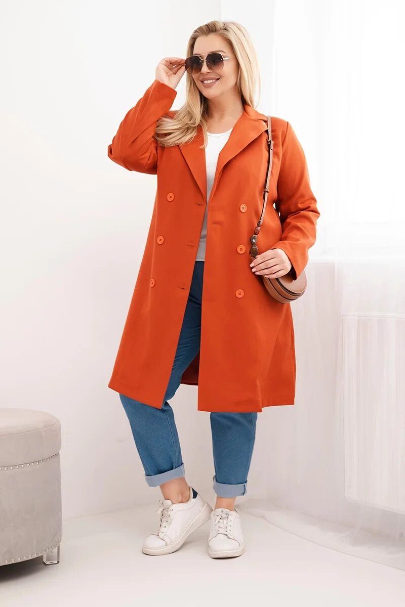 Płaszcz damski Plus Size dwurzędowy z kołnierzem rudy - obrazek 2