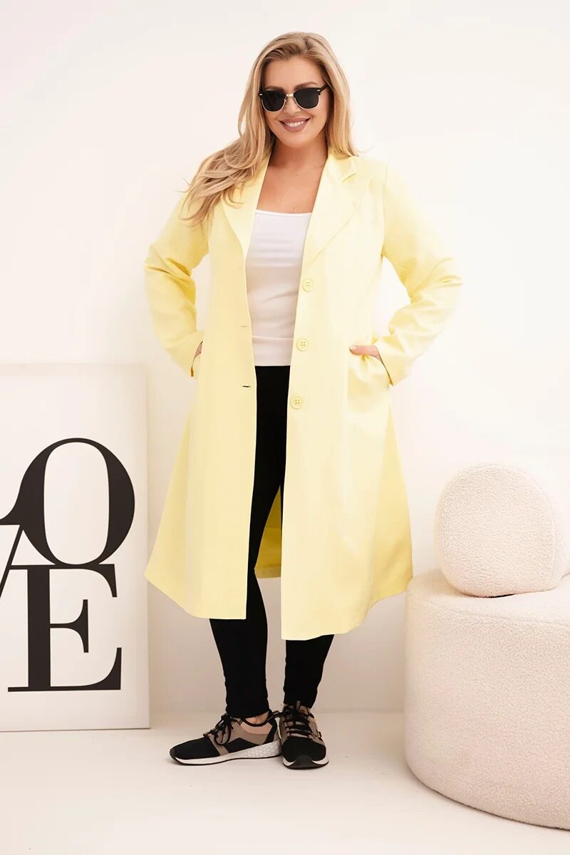Płaszcz damski Plus Size klasyczny z guzikami i kołnierzem żółty - obrazek 2