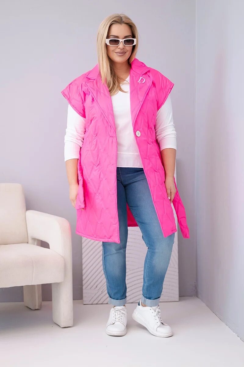Kamizelka damska Plus Size pikowana z paskiem i kołnierzem różowy neon - obrazek 2
