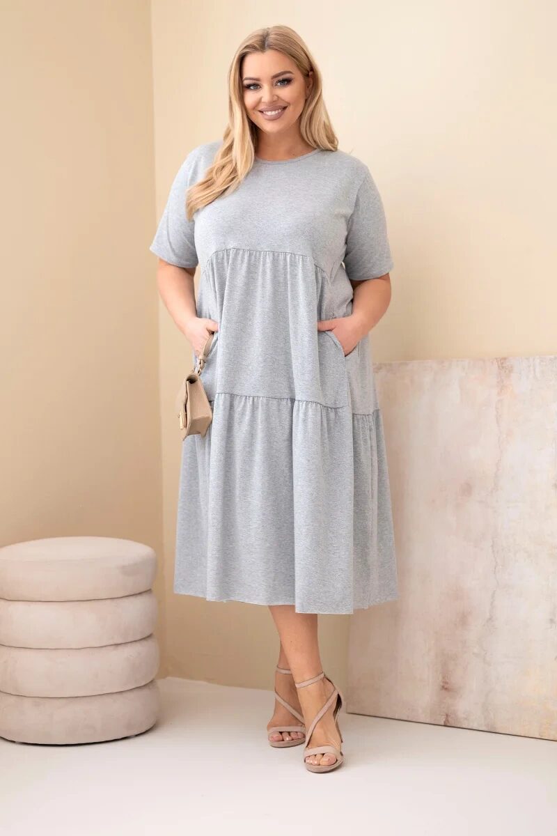 Sukienka damska bawełniana Plus Size z krótkim rękawem i falbaną szary melanż - obrazek 2