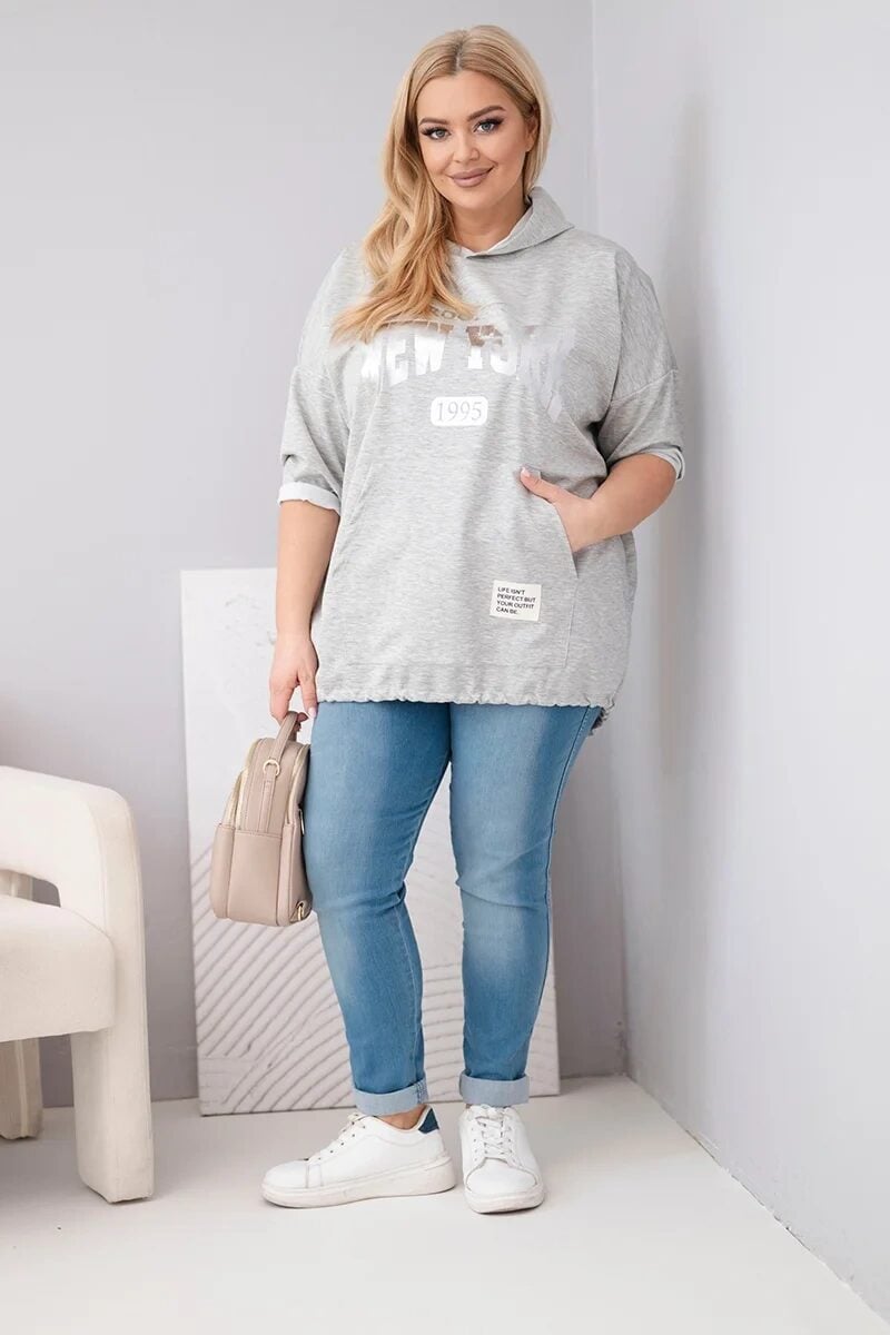 Bluza damska Plus Size wiskozowa z kapturem i kieszenią kangurką szary melanż - obrazek 2