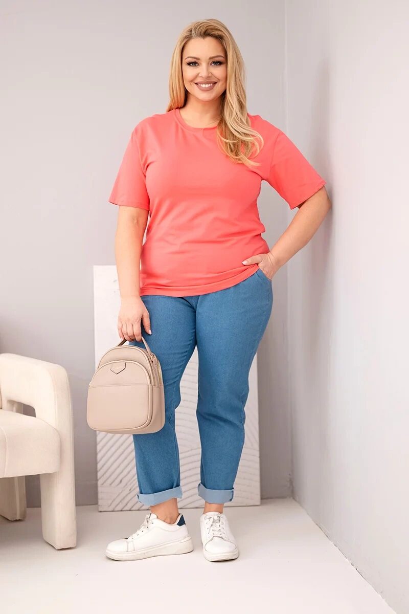 Bluzka damska bawełniana Plus Size z krótkim rękawem basic malinowa - obrazek 2