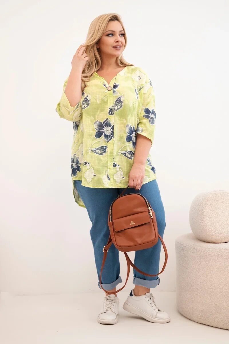 Bluzka damska bawełniana Plus Size w kwiatowy wzór jasno zielona - obrazek 2