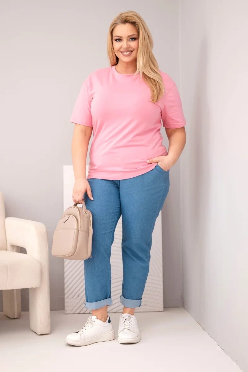 Bluzka damska bawełniana Plus Size z krótkim rękawem basic jasno różowa - obrazek 2
