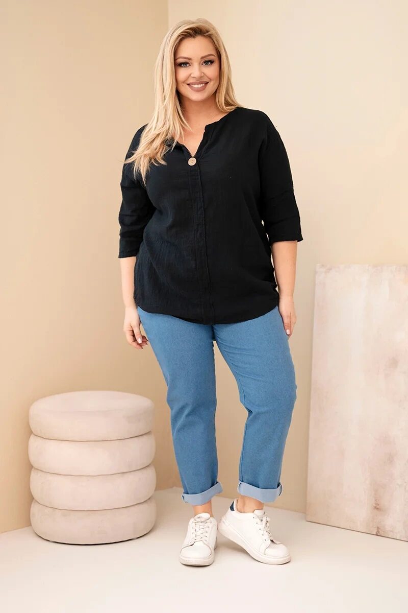 Bluzka damska bawełniana Plus Size z dekoltem na guziki czarna - obrazek 2