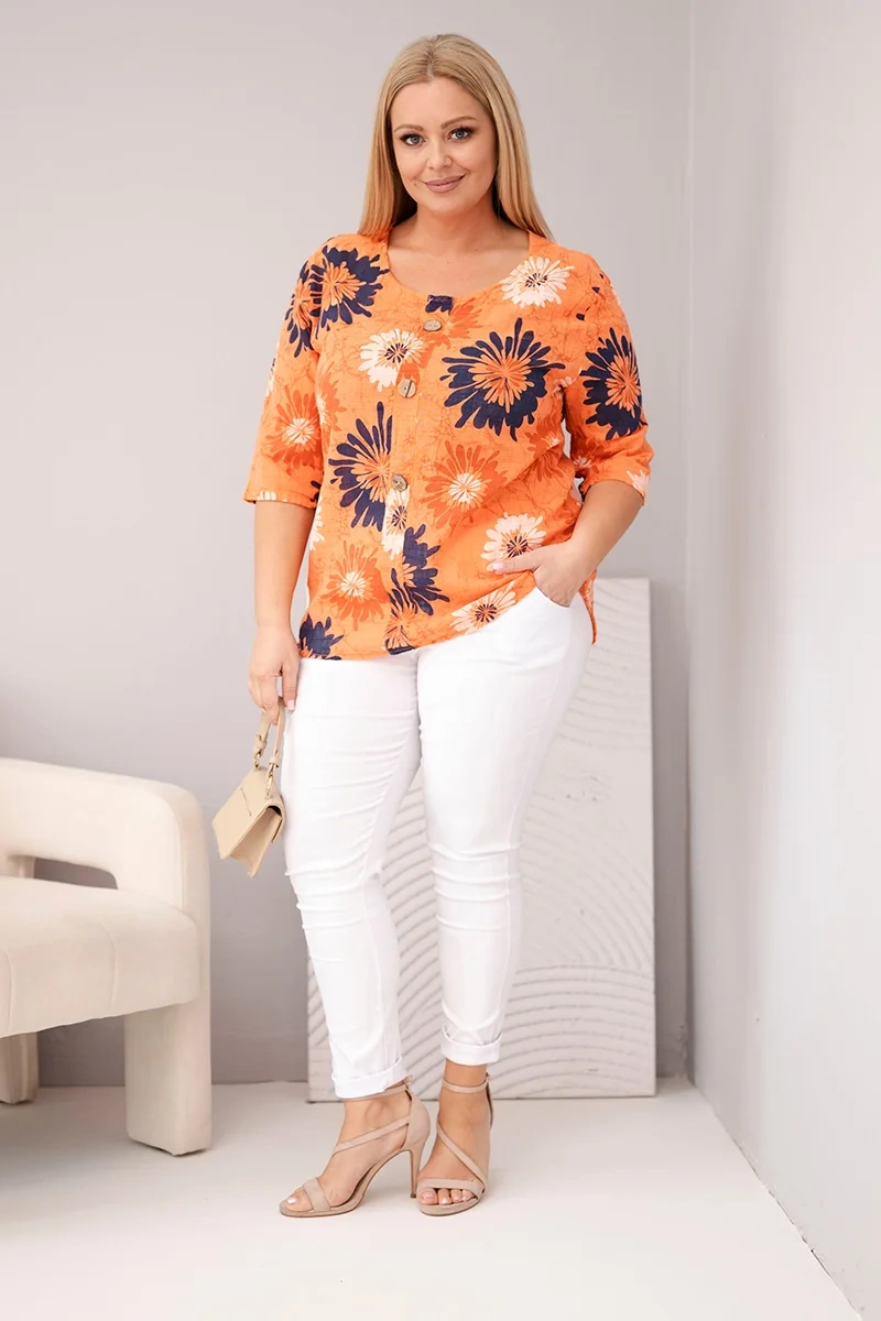 Bluzka damska bawełniana Plus Size z krótkim rękawem i guzikami pomarańczowa - obrazek 2