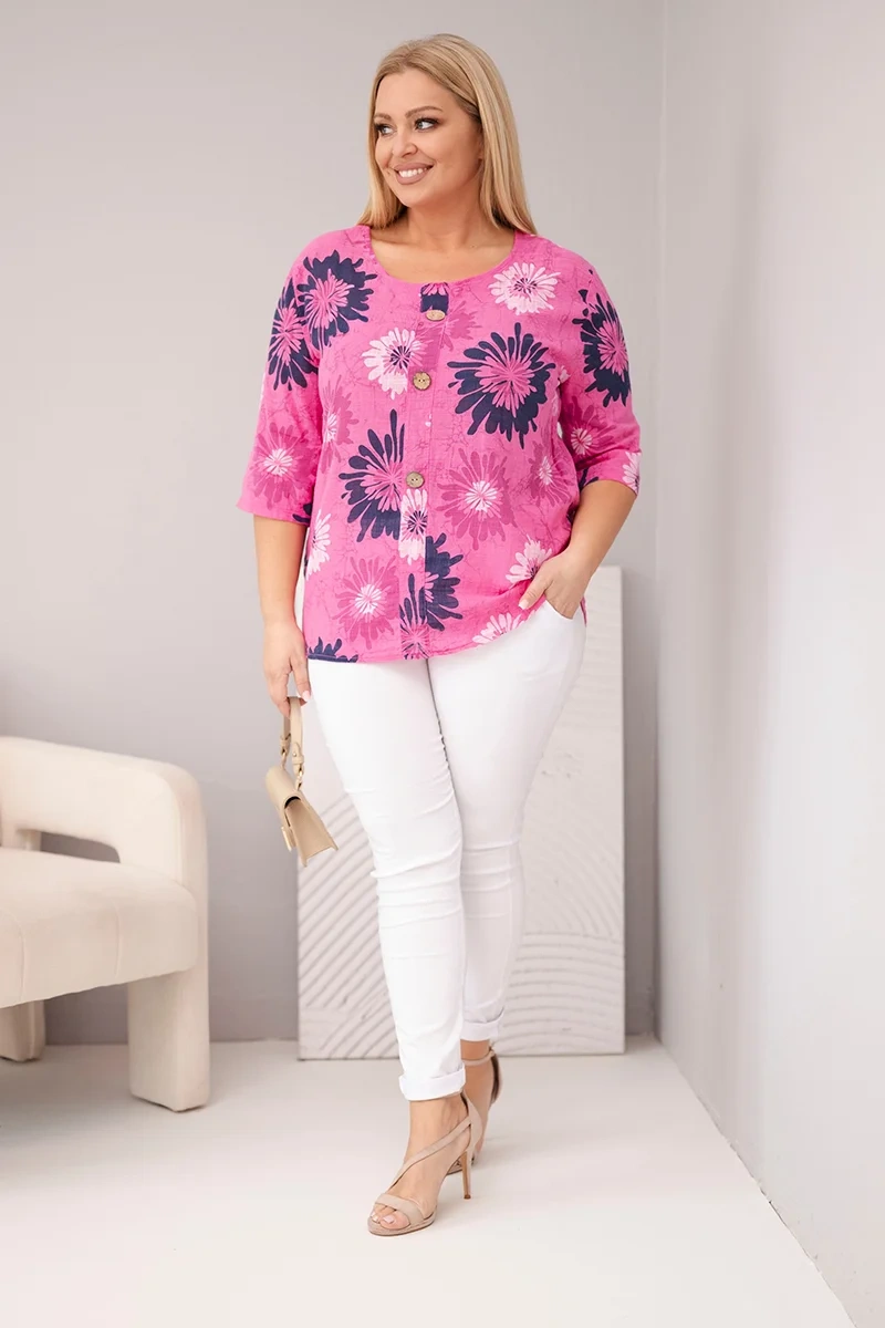 Bluzka damska bawełniana Plus Size z krótkim rękawem i guzikami różowa - obrazek 2
