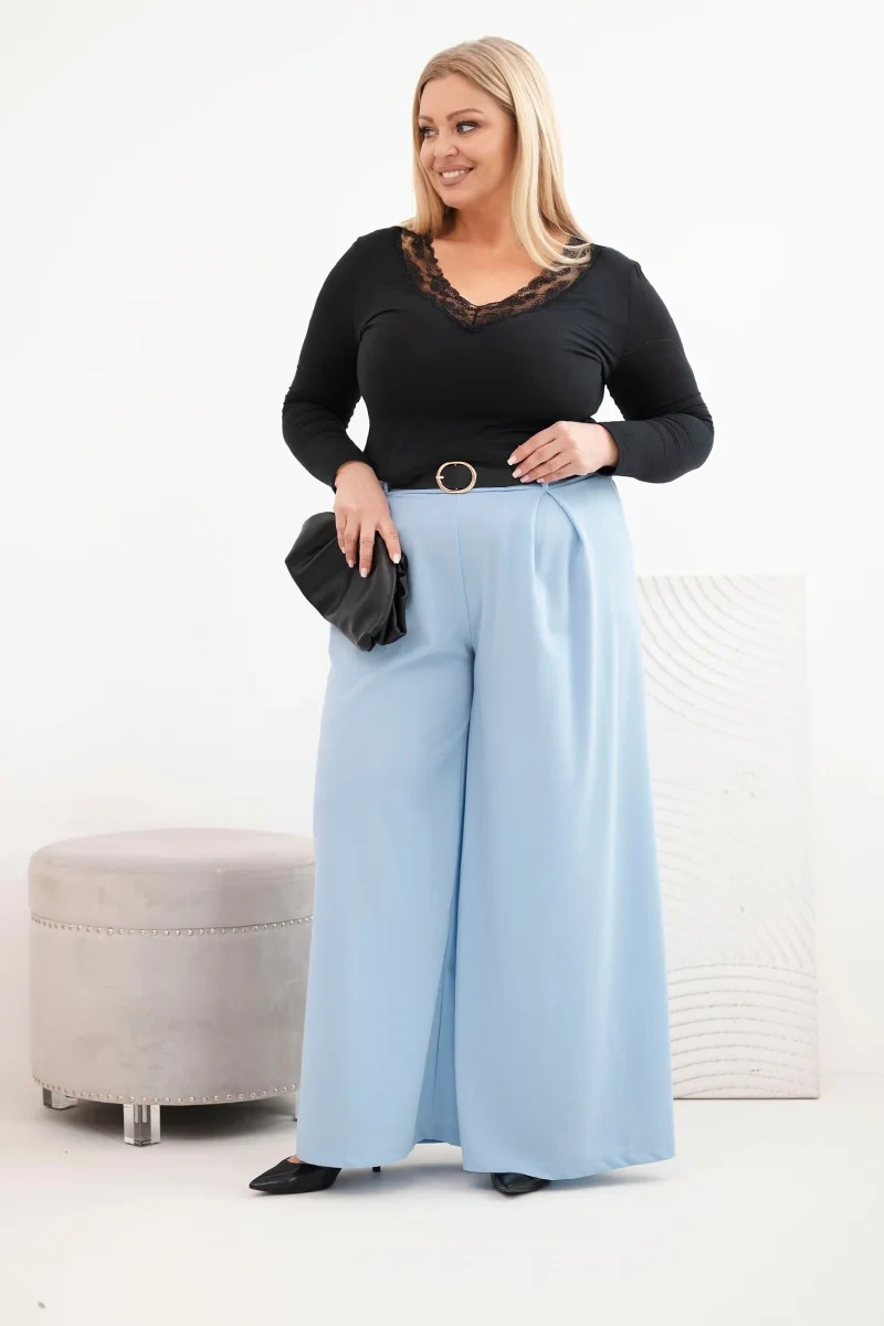 Spodnie damskie Plus Size z szeroką nogawką i paskiem niebieskie - obrazek 2
