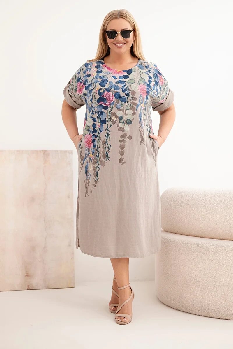 Sukienka damska wiskozowa Plus Size z krótkim rękawem i rozcięciami po bokach fango - obrazek 2