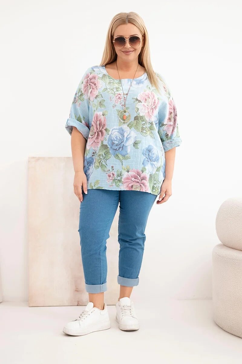 Bluzka damska bawełniana Plus Size z krótkim rękawem i kwiatowym wzorem niebieska - obrazek 2