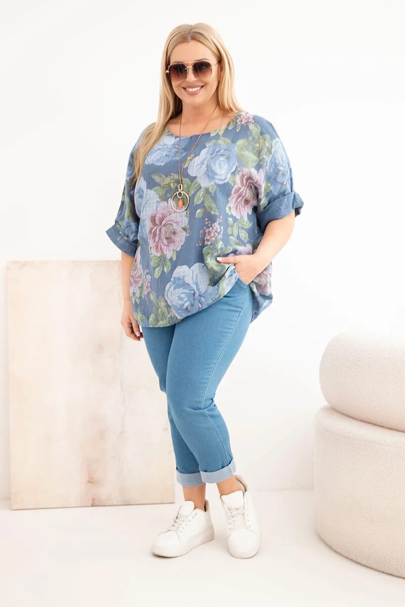 Bluzka damska bawełniana Plus Size z krótkim rękawem i kwiatowym wzorem jeansowa - obrazek 2