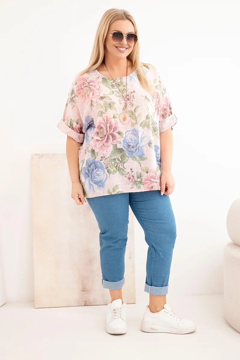 Bluzka damska bawełniana Plus Size z krótkim rękawem i kwiatowym wzorem pudrowy róż - obrazek 2