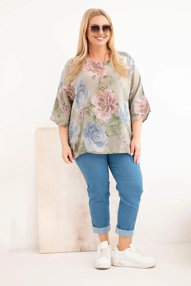 Bluzka damska bawełniana Plus Size z krótkim rękawem i kwiatowym wzorem fango - obrazek 2