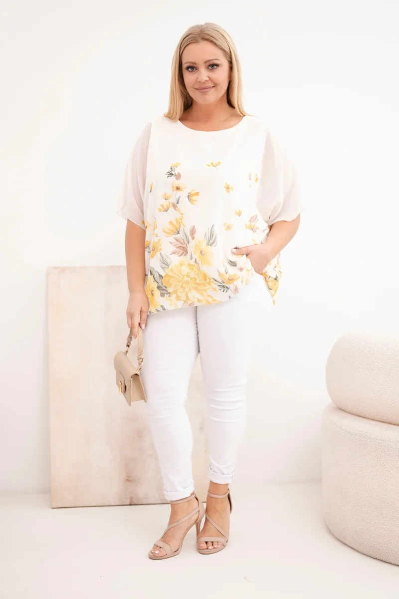 Bluzka damska Plus Size z krótkim rękawem i kwiatowym printem żółta - obrazek 2