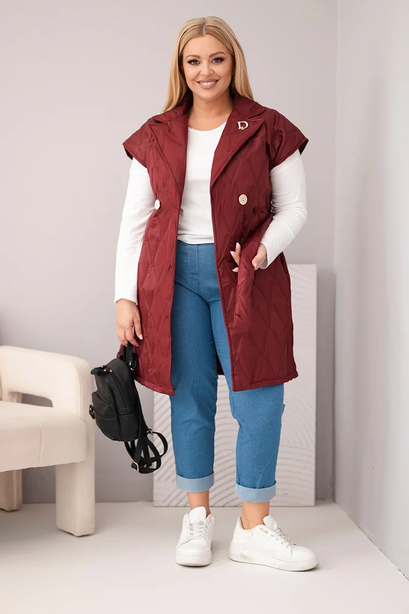 Kamizelka damska Plus Size pikowana z paskiem i kołnierzem śliwkowa - obrazek 2
