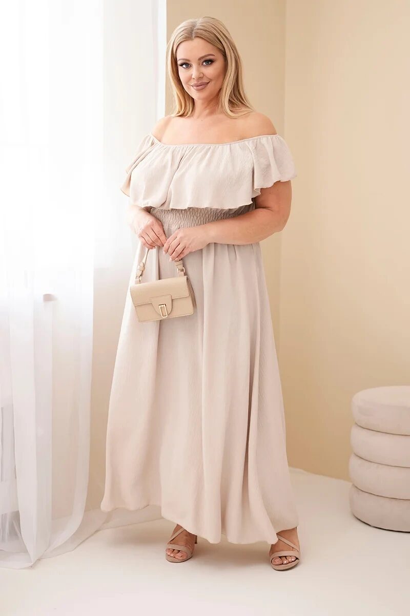 Sukienka damska Plus Size z falbaną i elastyczną talią beżowa - obrazek 2