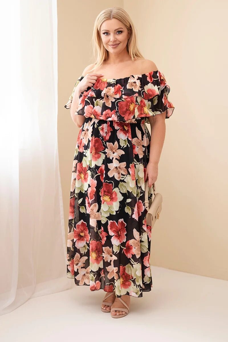 Sukienka damska wiskozowa Plus Size z falbaną hiszpanka i elastyczną talią maxi czarna - obrazek 2