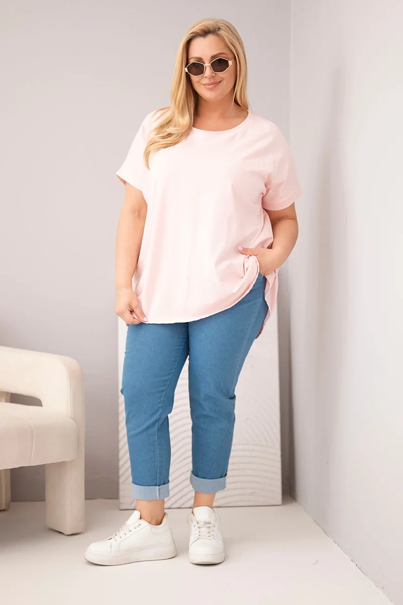 Bluzka damska Plus Size bawełniana z krótkim rękawem cukierkowy róż - obrazek 3