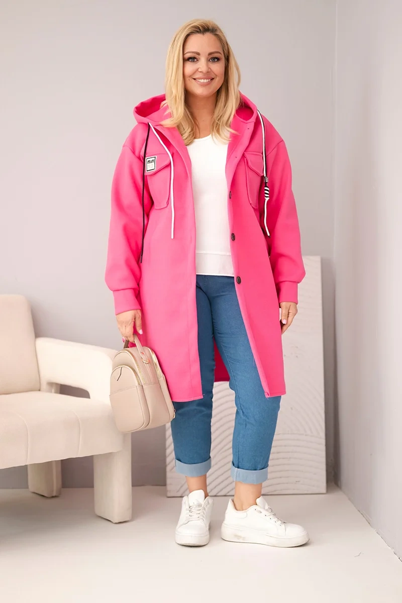 Płaszcz damski Plus Size z kapturem zapinany na guziki różowy - obrazek 2