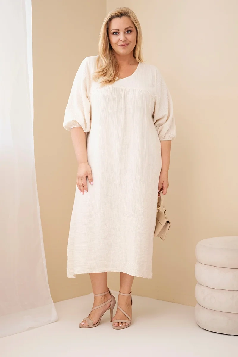 Sukienka damska Plus Size bawełniana muślinowa z dekoltem V beżowa