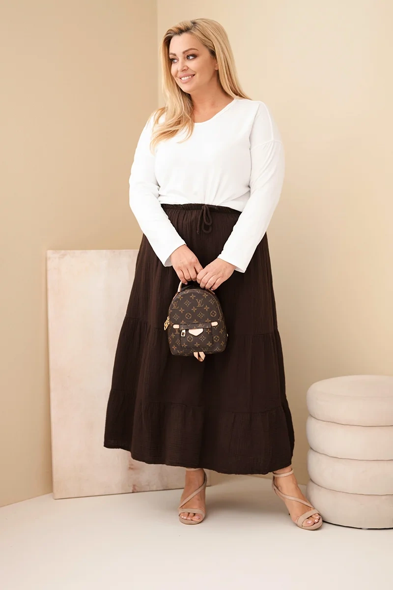 Spódnica damska Plus Size bawełniana muślinowa z falbaną i gumką brązowa