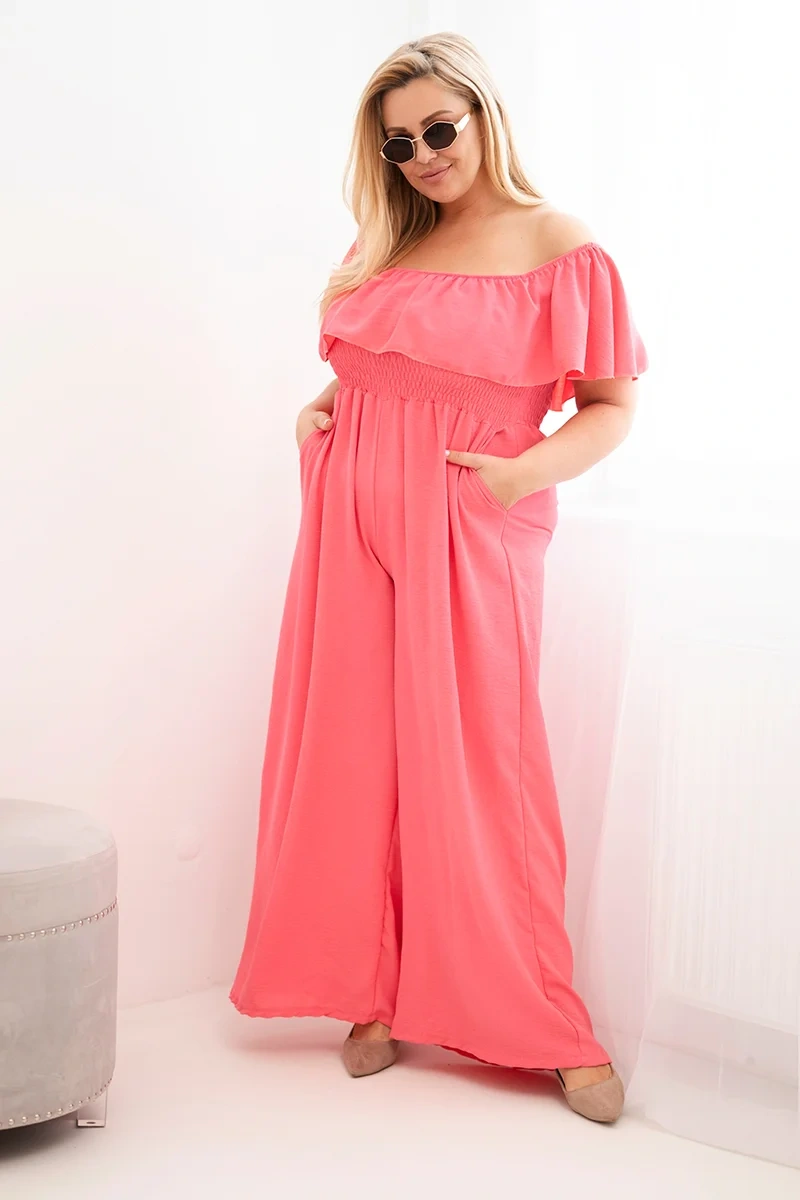 Kombinezon damski Plus Size z falbaną i krótkim rękawem różowy - obrazek 2
