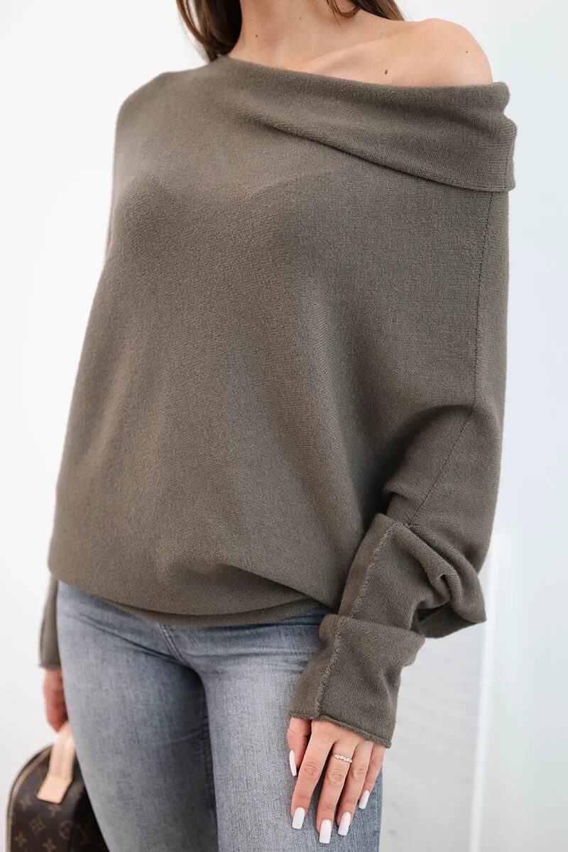 Sweter damski wiskozowy asymetryczny typu nietoperz mocca - obrazek 4