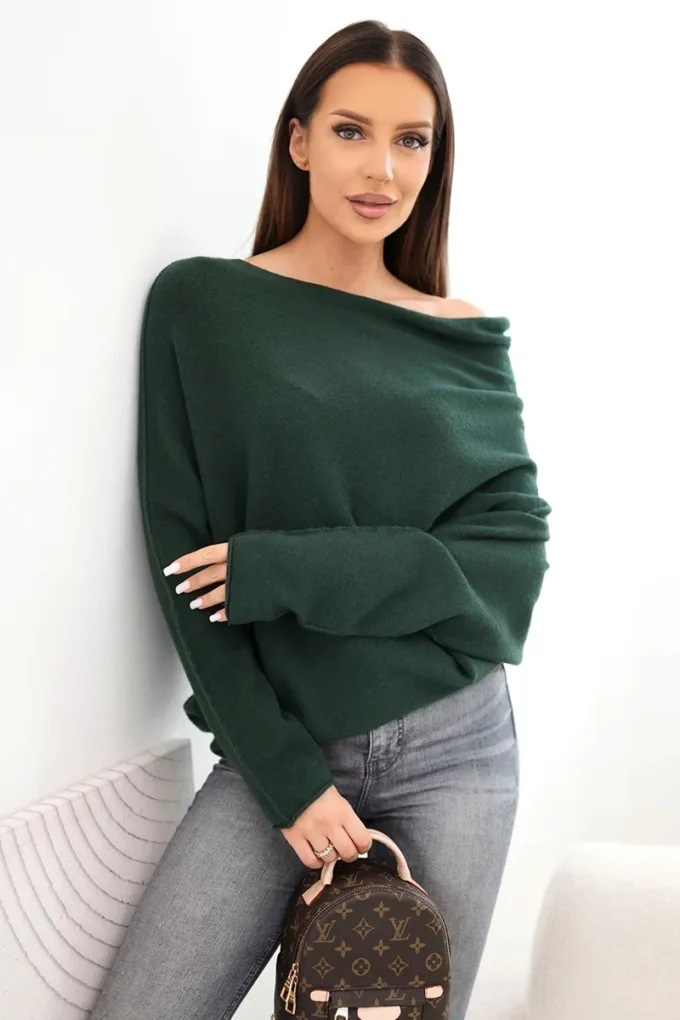 Sweter damski wiskozowy asymetryczny typu nietoperz ciemno zielony