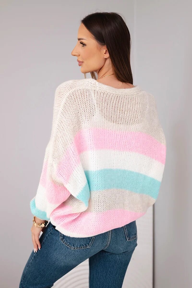 Sweter damski w paski zapinany na guziki beżowy - obrazek 4