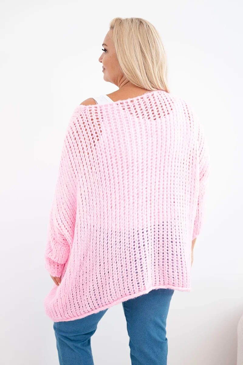 Sweter damski ażurowy oversize z dekoltem V i dłuższym tyłem cukierkowy róż - obrazek 3