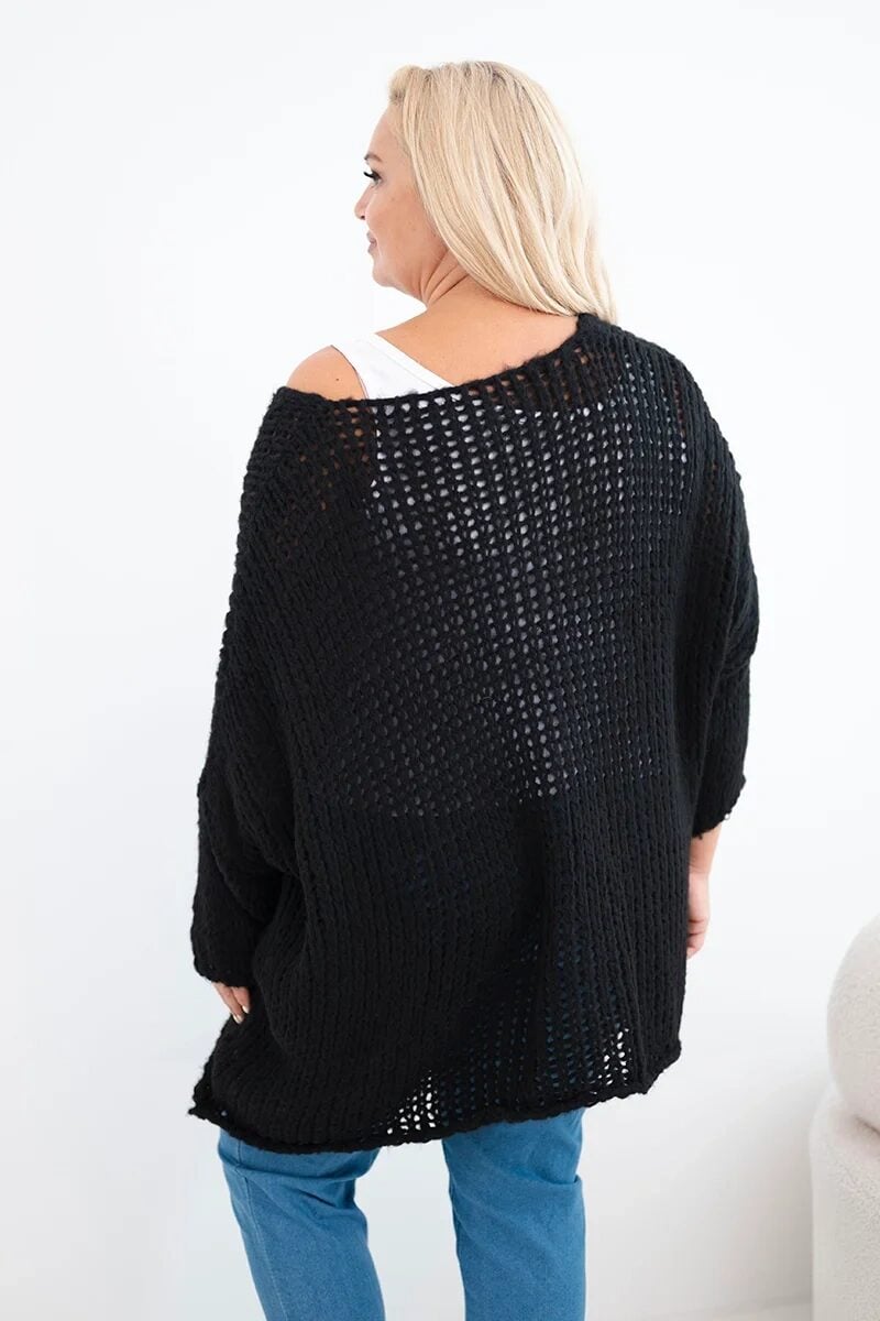 Sweter damski ażurowy oversize z dekoltem V i dłuższym tyłem czarny - obrazek 3