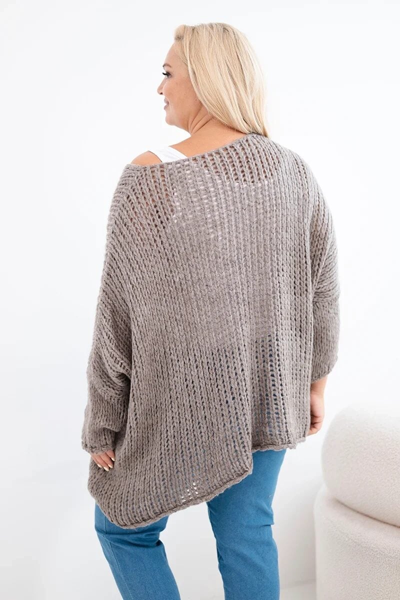 Sweter damski ażurowy oversize z dekoltem V i dłuższym tyłem fango - obrazek 3
