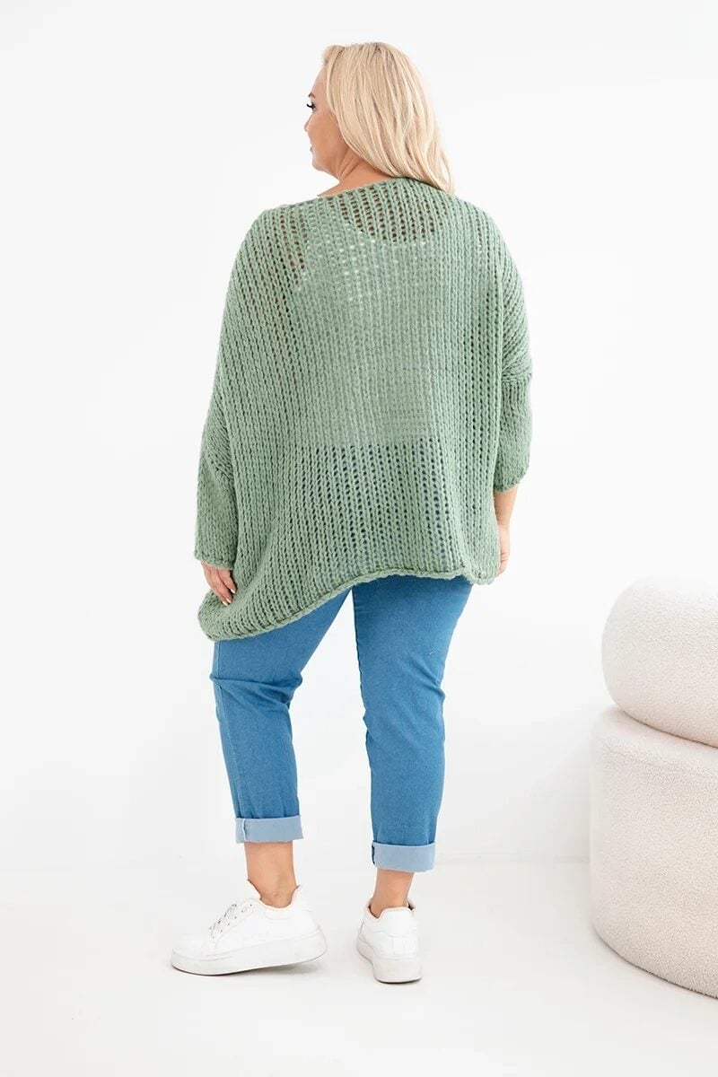 Sweter damski ażurowy oversize z dekoltem V i dłuższym tyłem khaki - obrazek 3