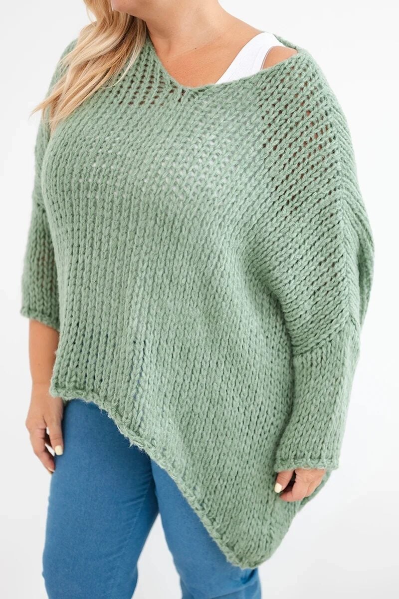 Sweter damski ażurowy oversize z dekoltem V i dłuższym tyłem khaki - obrazek 4