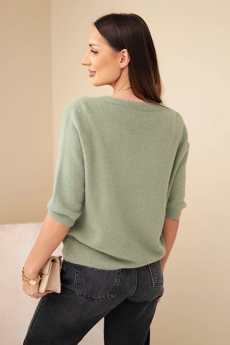 Sweter damski z dekoltem V i rękawem 3/4 khaki - obrazek 4